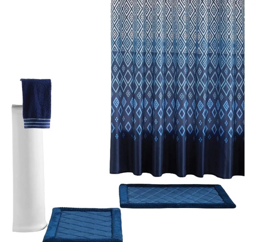 [KO-OTR-023] Juego De Baño 15 Pcs, 2 Tapetes De Baño + 1 Cortina De Ducha (Azul)