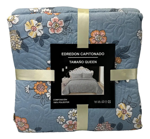 [KO-COB-154] Edredón Capitonado Queen Size Doble Vista  Azul Flores Estampado