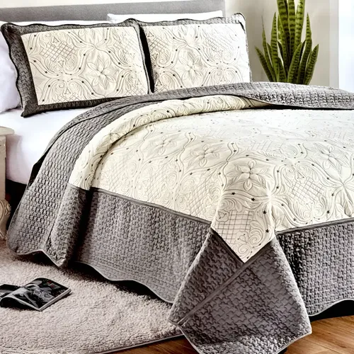 [KO-COB-144] Colcha Bordada Dupla Con Fundas Edredón Ligero Matrimonial Color Rojo Gris Y Beige