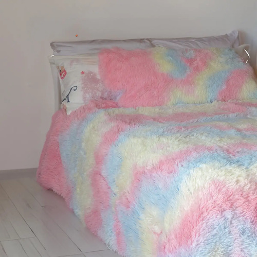[KO-BOR-142] Edredón Cobertor Faux Fur Aborregado Calientito Queen Koela Color Arcoíris Diseño De La Tela Liso