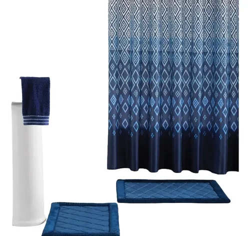 [KO-OTR-033] Juego De Baño 15 Pcs, 2 Tapetes De Baño + 1 Cortina De Ducha Color Azul Lisa