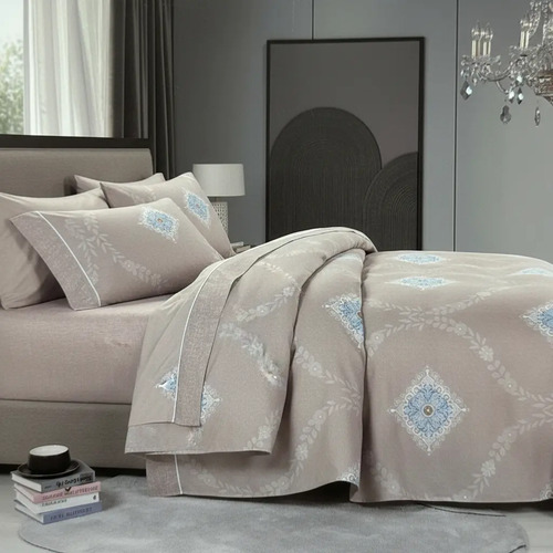 Juego De Sábanas Catiónica Tacto Bambú Matrimonial 4 Piezas Beige Floreado