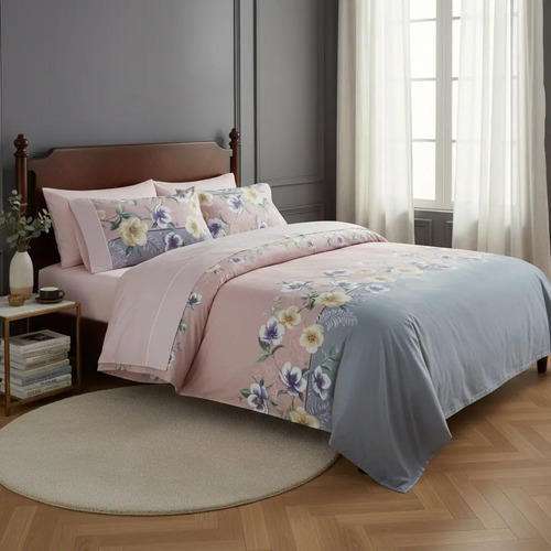Juego De Sábanas Catiónica Tacto Bambú Matrimonial 4 Piezas Rosa Floreado