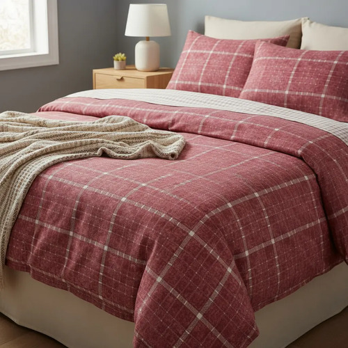 [KO-FRA-148] Juego De Sábanas Franela 100% Algodón Cálidas King Size Color Cuadros Rosa Ajedrez