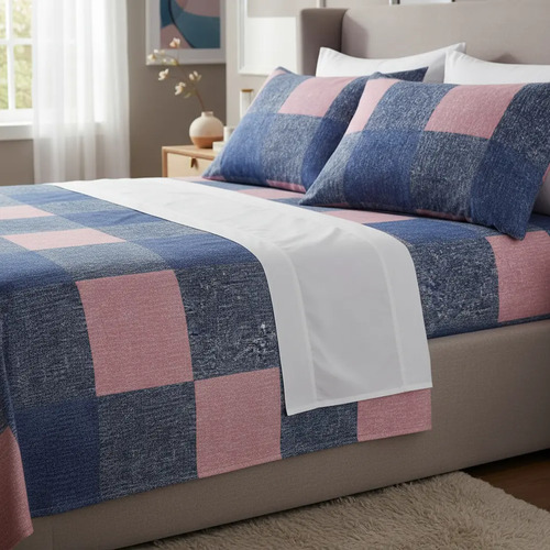 [KO-FRA-141] Juego De Sábanas Franela 100% Algodón Cálidas King Size Color Cuadrado Rosa Y Azul Cuadrado Rosa Azul Ajedrez