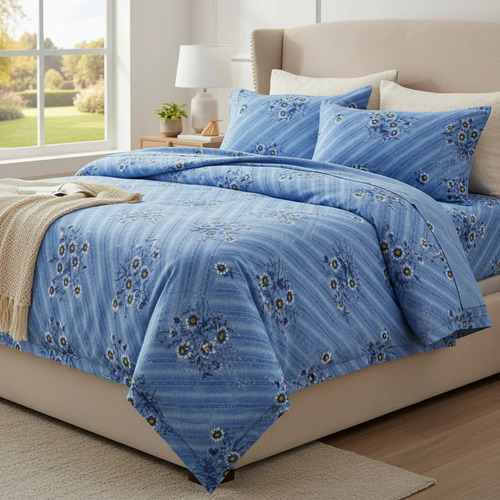 [KO-FRA-119] Juego De Sábanas Franela 100% Algodón Cálidas Individual Color Flores Azules Floreado