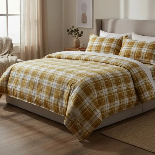 [KO-FRA-103] Juego De Sábanas Franela 100% Algodón Cálidas Individual Color Cuadros Amarillo Ajedrez