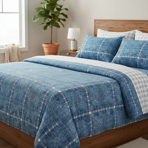 Juego De Sábanas Franela 100% Algodón Cálidas King Size Color Cuadros Azul Ajedrez