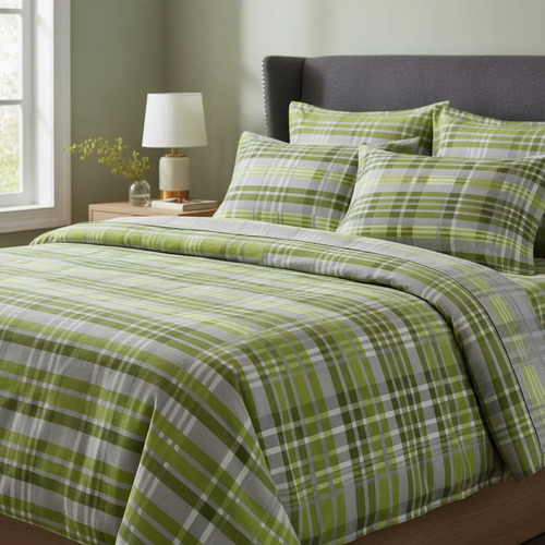 [KO-FRA-151] Juego De Sábanas Franela 100% Algodón Cálidas King Size Color Cuadros Verde Ajedrez