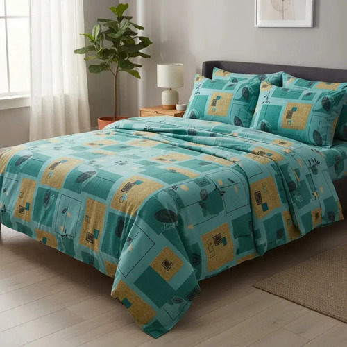 [KO-FRA-136] Juego De Sábanas Franela 100% Algodón Cálidas Individual Color Hojas Verde Agua Estampado