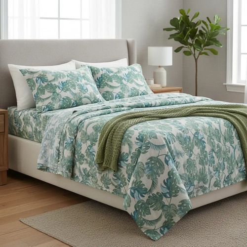 [KO-FRA-175] Juego De Sábanas Franela 100% Algodón Cálidas King Size Color Tropical Verde Floreado