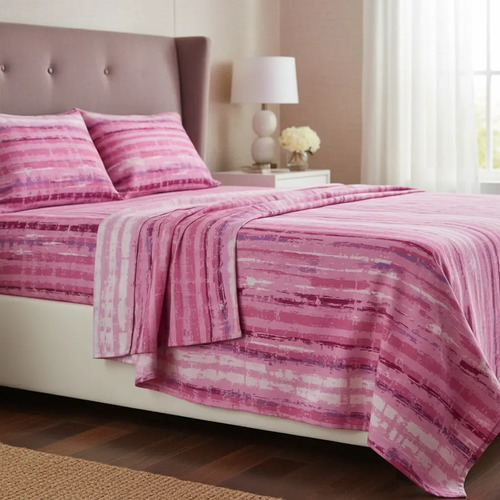 [KO-FRA-166] Juego De Sábanas Franela 100% Algodón Cálidas King Size Color Marmol Rosa Rayas