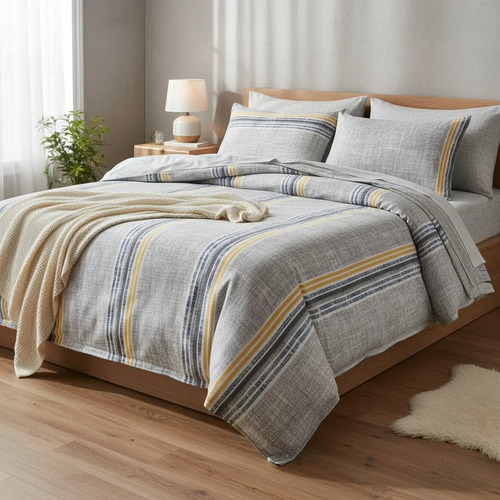 [KO-FRA-162] Juego De Sábanas Franela 100% Algodón Cálidas King Size Color Lineas Azul Gris Rayas