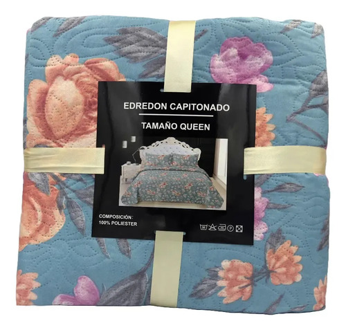 Edredón Capitonado Queen Size Doble Vista Turquesa Estampado