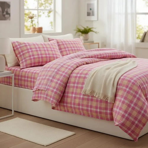 Juego De Sábanas Franela 100% Algodón Cálidas Matrimonial Color Cuadros Rosa Rayas