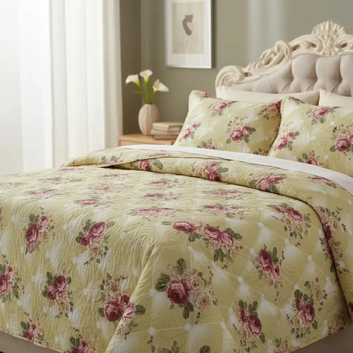 Edredón Capitonado King Size Doble Vista Color Amarillo Flores Diseño De La Tela Estampado