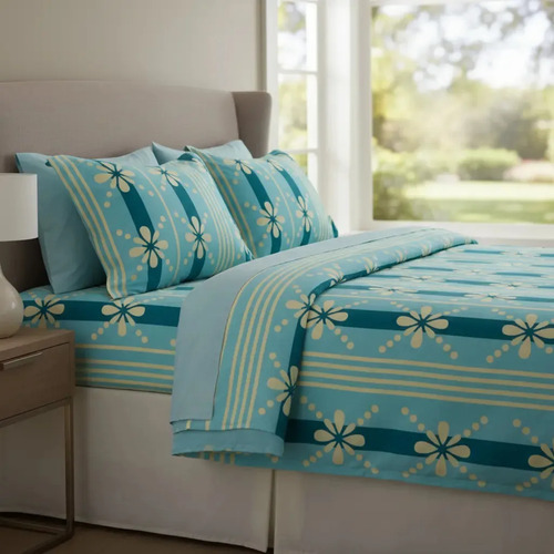 Juego De Sábanas Franela 100% Algodón Cálidas Matrimonial Color Tropical Azul Agua Floreado