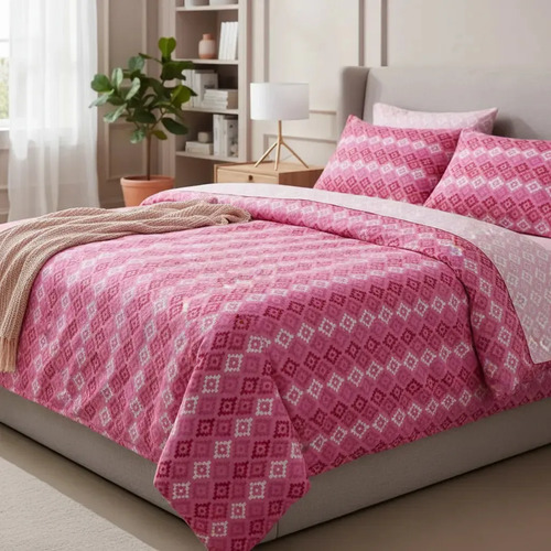 Juego De Sábanas Franela 100% Algodón Cálidas Matrimonial Color Rombo Rosa Liso