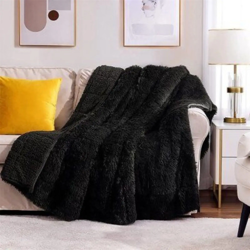 [KO-BOR-152] Manta-cobija Faux Fur Pelo Alto Borrega Reverso King Size Negro Liso