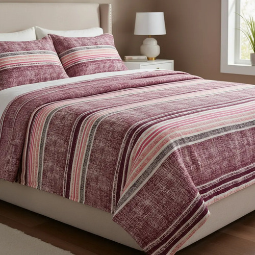 [KO-FRA-229] Juego De Sábanas Franela 100% Algodón Cálidas Queen Size Rosa Rayas