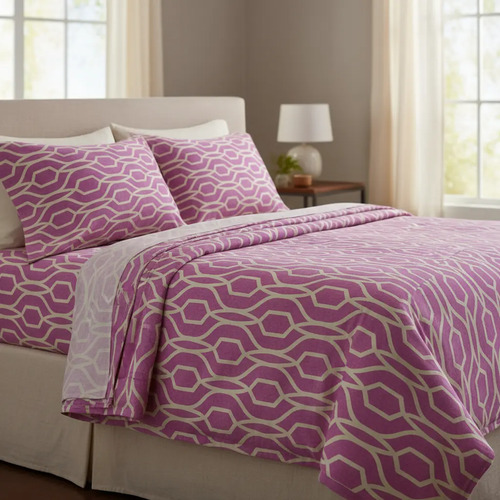 [KO-FRA-204] Juego De Sábanas Franela 100% Algodón Cálidas Matrimonial Color Geométrico Rosa Geometría