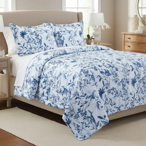 [KO-COB-045] Colcha Fresca Transpirable Ligera Verano Edredón Matrimonial (Azul, Floreado)