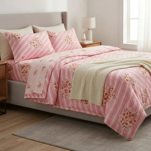 [KO-FRA-002] Juego De Sábanas Franela 100% Algodón Cálidas Individual (Flores Rosa)
