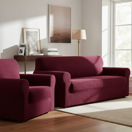 Protector Cubre Sala Jacquard Elástico Ajustable 3 Piezas Varios Tinto
