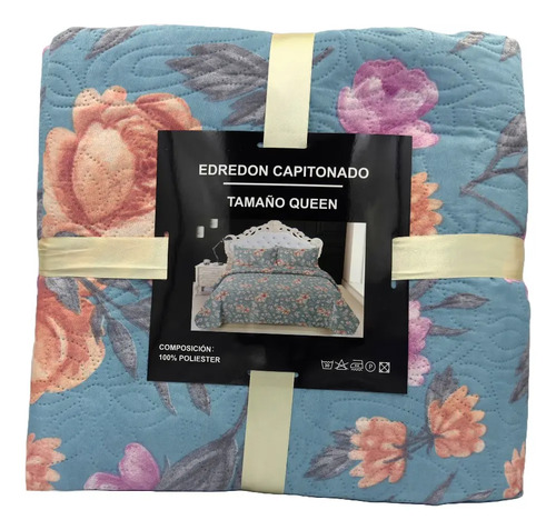 Edredón Capitonado Queen Size Doble Vista  Turquesa Estampado