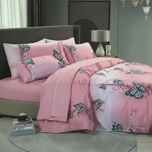 Juego De Sábanas Catiónica Tacto Bambú Matrimonial 4 Piezas Mariposas Rosa