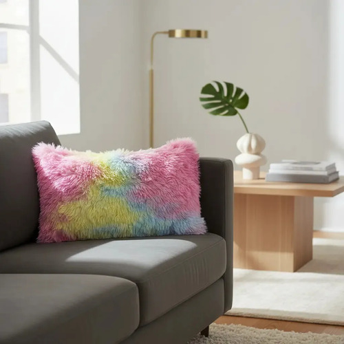Almohada Pelo Alto Faux Fur Cómoda Y Ultra Suave Matrimonial Color Arcoíris