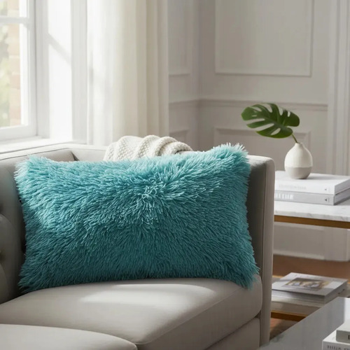 Almohada Pelo Alto Faux Fur Cómoda Y Ultra Suave Matrimonial Color Azul