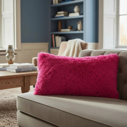 Almohada Pelo Alto Faux Fur Cómoda Y Ultra Suave Matrimonial Color Fucsia