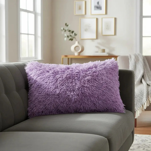 Almohada Pelo Alto Faux Fur Cómoda Y Ultra Suave Matrimonial Color Violeta